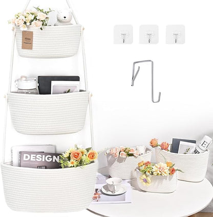 Hanging Storage Baskets, Over The Door Basket, Cotton Wall Baskets Storage, Hanging Door Basket with 4 Hooks