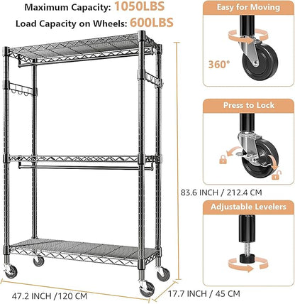 Heavy Duty Rolling Garment Rack 3 Tiers Adjustable Wire Shelving Clothes Rack with 2 Rods and Side Hooks, Storage Closet Clothing Rack with Wheels Black 17.7" D x 47.2" W x 83.6" H