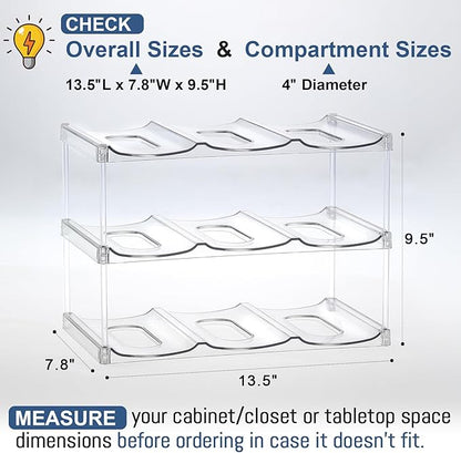 LARGER Compartment - Stackable Water Bottle Organizer Holder - for Stanley & Others' Large Tumbler - Clear Wine Rack, Cup Bottle Holder for Cabinet Home Countertop Fridge Pantry Shelf, 3 Tier Hold 9