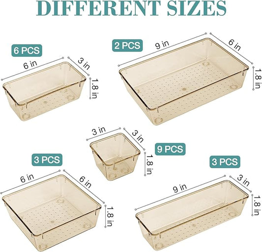 StorMiracle 23 PCS Drawer Organizer Set, 5 Varied Size Bathroom and kitchen Drawer cabinet organizer Trays, Clear Storage Bins for Makeup, Jewelry, Utensils and Gadgets, Champagne