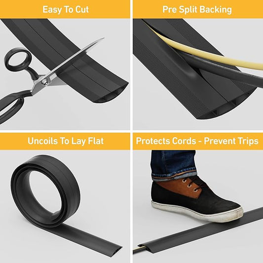 D-Line 30ft Floor Cord Cover, Floor Cable Protector, Extension Cord Cover, Protect Wires & Prevent Cable Trips, Cable Management Solution - Cord Cavity = 0.63" (W) x 0.31" (H) - Black