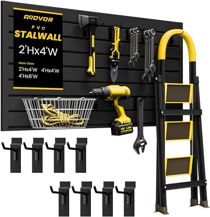 SlatWall Paneling 4x2 FT, PVC Slat Wall Panels with 8 Hooks Heavy-Duty Garage Organization System, Slatwall Pegboard Suitable for Home、Garage、Shop Wall Display & Organization (Black)