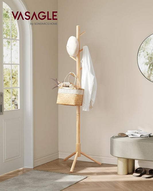 VASAGLE Solid Wood Coat Rack, Free Standing Tree-Shaped Coat Rack with 8 Hooks, 3 Height Options, for Clothes, Hats, Bags, Living Room, Bedroom, Home Office, Natural Beige URCR004N01
