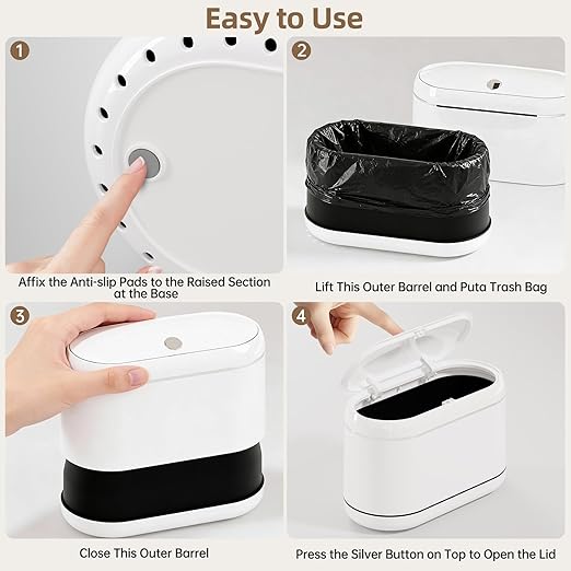 Mini Trash Can for Desk with 5 Rolls of Trash Bags, Small Press-Top Countertop Garbage Bin, Removable Waste Basket for Bedroom, Vanity, Coffee Table, Kitchen (White Full-Lid)