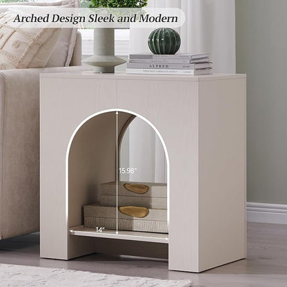 Arched End Table with Type-C Charging Station, 22" Modern Bedroom NightStand with Arched Open Shelf, Night Table with Outlet, USB, Type-C Port for Bedroom, Cream