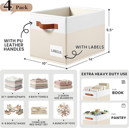 Criusia Large Closet Storage Baskets for organizing 4 Pack - Heavy Duty Closet Shelf Organizer Bins with Handles & Labels - Decorative Collapsible Baskets for Living Room Bedroom Nursery Dorm 14"x10"