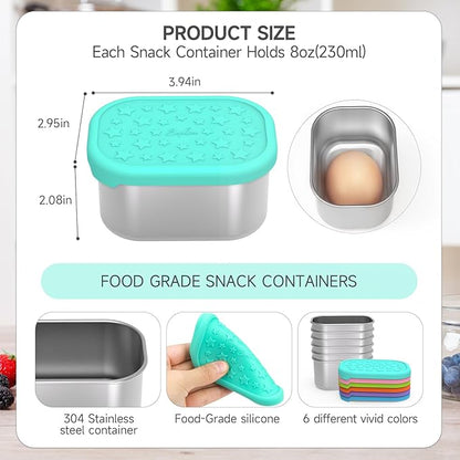 SOPHICO Stainless Steel Snack Containers for Kids, 8 oz Small Food Storage Container 1 Cup with Silicone Lid - Perfect 304 Metal Toddler Lunch Box for Daycare and School, Leak Proof (8oz, 6 Pack)