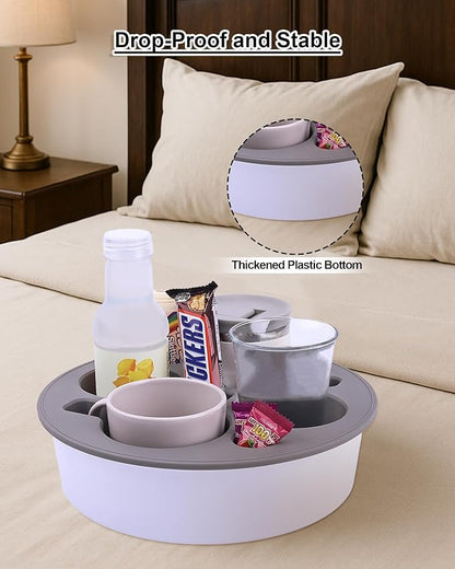 Couch Cup Holder Tray Round, Bonfixe 4-Cups Bedside Drink Holder for Elderly/Pregnancy, Stable Non-Spill Silicone Couch Caddy for Remote Control, Glasses‌, Snacks, Phones‌ (White-Black)