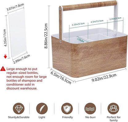BYUNER Shower Caddy Portable for College: Devided Bathroom Caddy Shower Basket for Dorm with Handle, Plastic Bathroom Counter Organizer Storage Tote Bin for Dorm,Kitchen,Cabinet, Wood Grain