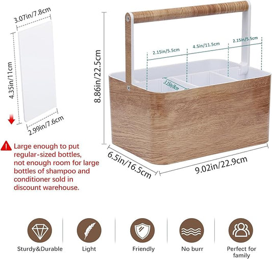 BYUNER Shower Caddy Portable for College: Devided Bathroom Caddy Shower Basket for Dorm with Handle, Plastic Bathroom Counter Organizer Storage Tote Bin for Dorm,Kitchen,Cabinet, Wood Grain