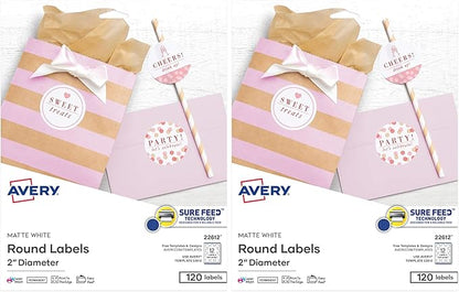 Avery Round Labels, 2" Diameter, Sure Feed Technology, Print-to-The-Edge, Easy Peel, Laser/Inkjet, Permanent, 120 Blank Circle Labels Total (22612) (Pack of 2)
