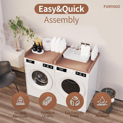 Washer Dryer Countertop with Shelf, 54" x 27" Wooden Laundry Countertop with 2 Hooks & Non-Slip Pads, Washer and Dryer Covers for The Top (Rustic Brown)