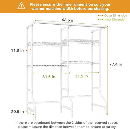 U14 Over Washer and Dryer Storage Shelves, 4 Tiers Laundry Room Storage and Organizer System, Space Saving Clothes Drying Rack with 2 Clothes Hanger Rods, 66.5" W x 20.5" D x 77.4" H, White