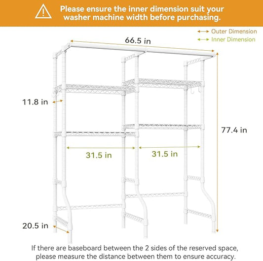 U14 Over Washer and Dryer Storage Shelves, 4 Tiers Laundry Room Storage and Organizer System, Space Saving Clothes Drying Rack with 2 Clothes Hanger Rods, 66.5" W x 20.5" D x 77.4" H, White
