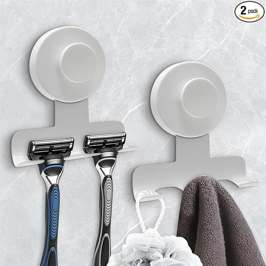 WingWider Suction Cup Razor Holder for Shower,Heavy-Duty 7KG Suction Hooks for Razor,Towel,Loofah,Removable Damage-Free Metal Shower Hook,Shaver Holder,2 Pack(Matte White)