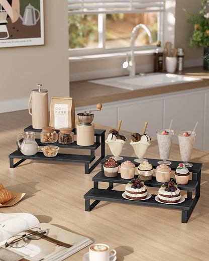 SONGMICS Display Risers, Set of 2 Engineered Wood Perfume Organizer Stand, 3-Tier Cupcake Stand Holder, Spice Rack, Shelf Risers for Figures, Dessert Shelves, Ebony Black and Ink Black UKCS116B01