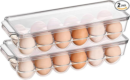 Sooyee 2 Pack Egg Holder for Refrigerator, Plastic Egg Storage Container, Fridge Egg Organizer, Clear Refrigerator Organizer Bins with Lids, Stackable Tray Holds 12 Eggs