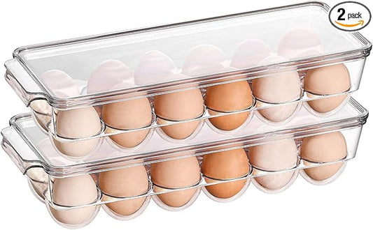 Sooyee 2 Pack Egg Holder for Refrigerator, Plastic Egg Storage Container, Fridge Egg Organizer, Clear Refrigerator Organizer Bins with Lids, Stackable Tray Holds 12 Eggs