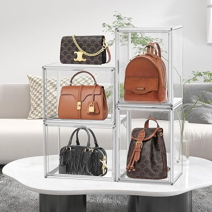 DAYOOH 5 Pack X-Large Acrylic Shoe Box Size 14, Clear Sneaker Shoe Display Case Transparent Stackable Storage Box Purse Handbag Organizer, Figure Collectibles Showcase, Fit Underbed, Closet, Bathroom
