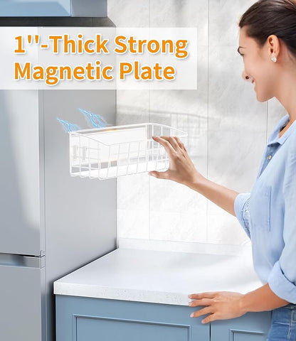 2PCS Magnetic Spice Rack for Refrigerator, Versatile Magnetic Shelf Organizer with 2 Hooks for Kitchen Storage, Large Capacity Spice Rack for Fridge, Oven - White