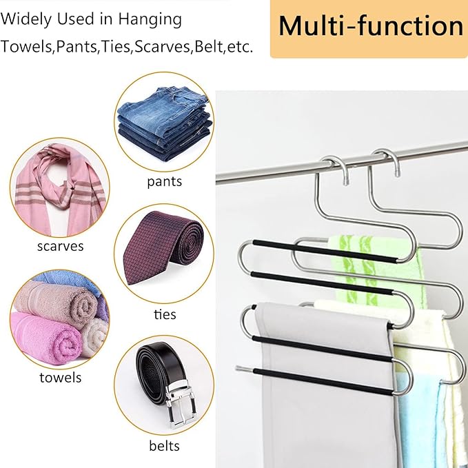 Skroad Pants Hangers Space Saving,3 Pack S-Type Non-Slip Stainless Steel Clothes Pants Hangers Closet Organizers and Storage, Closet Organizer Hanger Organizer for Scarf Jeans Trousers Towels Leggings