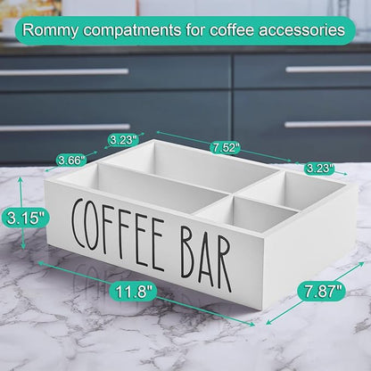 ALELION White Coffee Station Organizer - Wood Countertop Accessories Organizer with Removable Dividers for Pods Condiment Syrup Tea Cups Stirrers