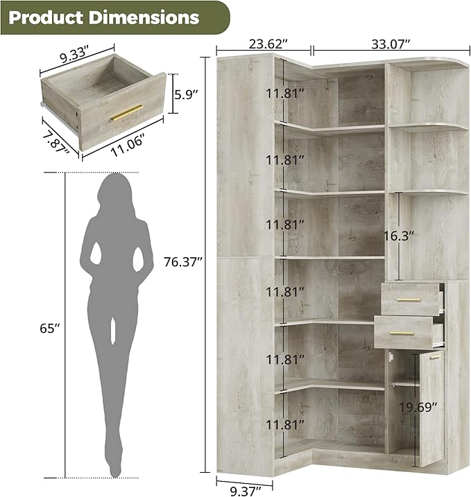 IRONCK Corner Bookshelf, 76" Tall Corner Bookshelves, 6 Tiers L-Shaped Bookcase with 10 Open Shelves and 2 Storage Drawers for Living Room or Home Office