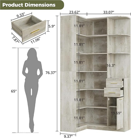 IRONCK Corner Bookshelf, 76" Tall Corner Bookshelves, 6 Tiers L-Shaped Bookcase with 10 Open Shelves and 2 Storage Drawers for Living Room or Home Office