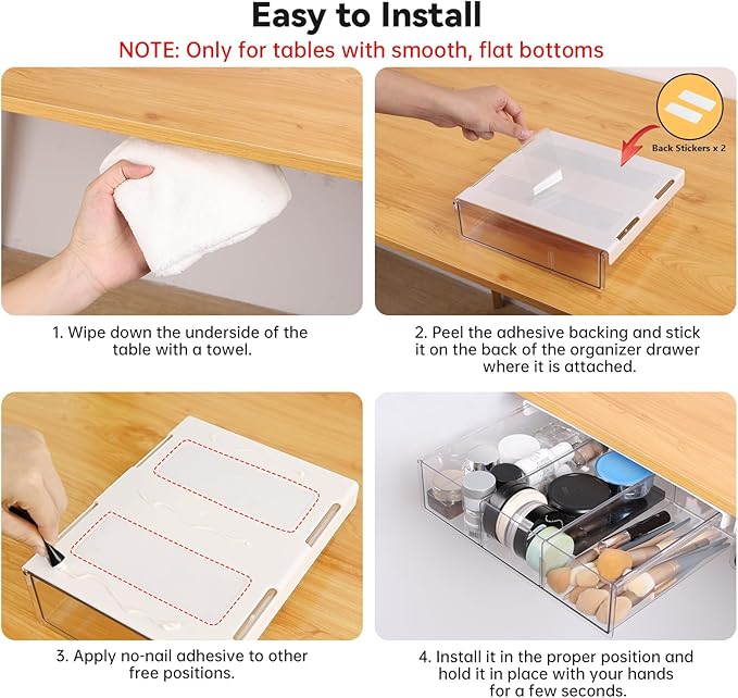 OTraki Under Desk Table Drawer Storage Organizer 3 Pack Large & Medium & Small Under Desk Storage Drawers Slide Out Self-Adhesive Amount Drawer Attach for Office, Home, School (S/M/L)