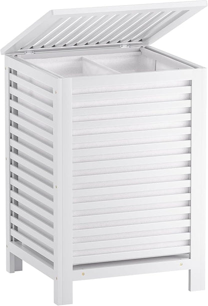 SMIBUY Double Laundry Hamper with Lid, 120L Bamboo Laundry Basket with Removable Liner Bag, 2-Section Clothes Divider Laundry Sorter for Laundry Room, Bathroom, Bedroom (White)
