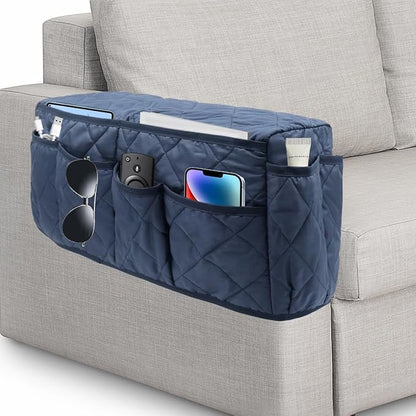 HADEEONG Remote Control Holder, Non Slip Bedside Armchair Caddy, Recliner Arm Caddy Armrest Organizer with 14 Pockets for Cell Phone TV Remote Control Magazines, Dark Blue