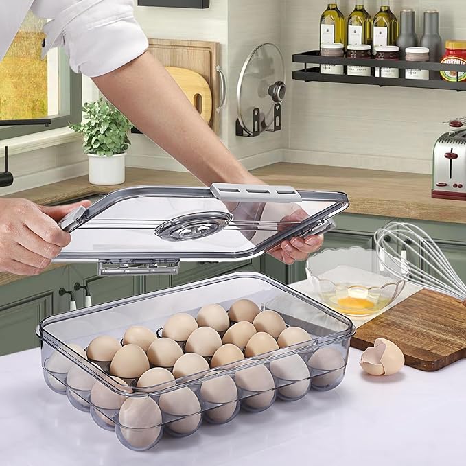BSTKEY Egg Holder for Refrigerator, Egg Container with Time Scale, Egg Holder with Lid for Kitchen Storage, Stackable Tray for 24 Eggs