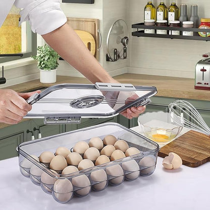 BSTKEY Egg Holder for Refrigerator, Egg Container with Time Scale, Egg Holder with Lid for Kitchen Storage, Stackable Tray for 24 Eggs
