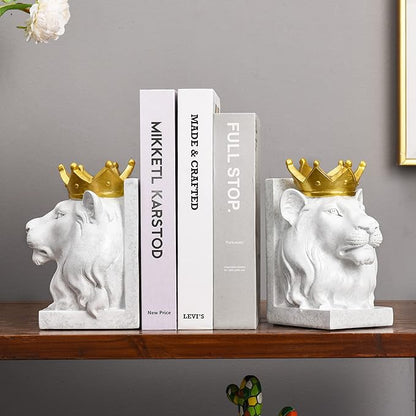 Decorative Lion Bookends - Modern Animal Book Stoppers for Heavy Books - White Lion Figurines