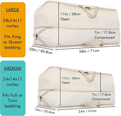 HappiBox 2-pack XXL Comforter Storage Bag - Space Saving Compression Bag for Pillows, Blankets, Bedding -Collapsible Extra Large Mesh Packing Cube - Queen King (1 Med + 1 Large Combo)