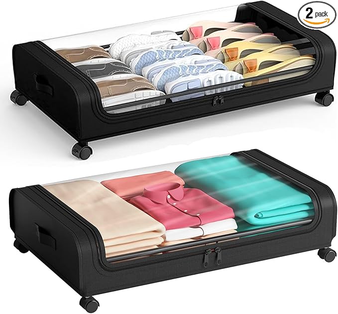 Under Bed Storage with Wheels,2 Pack Rolling Under bed Organizer Drawer with Clear Lids and Handles,UnderBed Storage Containers,Under Bed Organizer Bins for Clothes (Arc-shaped,Black)