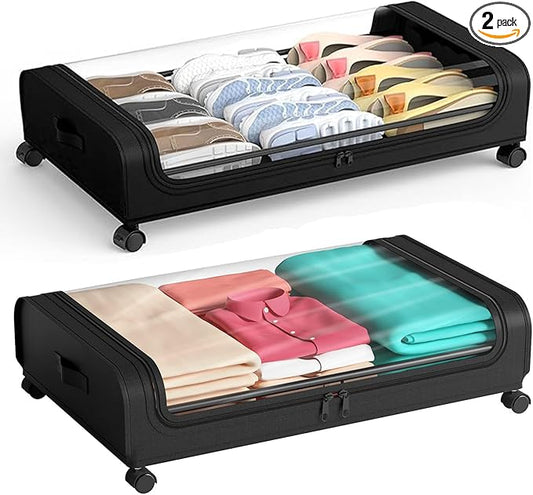 Under Bed Storage with Wheels,2 Pack Rolling Under bed Organizer Drawer with Clear Lids and Handles,UnderBed Storage Containers,Under Bed Organizer Bins for Clothes (Arc-shaped,Black)