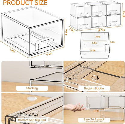 4.4" Tall Small Clear Acrylic Stackable Storage Drawers for Vanity,Under Sink,Bathroom Closet,Medicine Cabinet Organization and Plastic Storage Bins for Organizing Makeup,Baby Bottles,Pacifier,6 PCS