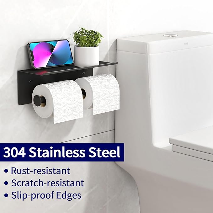 YUMORE Toilet Paper Holder, 304 Stainless Steel Bathroom Double Roll Tissue Holder with Shelf, Wall Mounted Washroom Dual TP Dispenser Storage（Black）