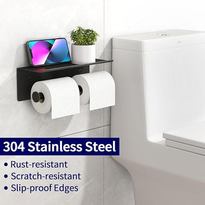 YUMORE Toilet Paper Holder, 304 Stainless Steel Bathroom Double Roll Tissue Holder with Shelf, Wall Mounted Washroom Dual TP Dispenser Storage（Black）
