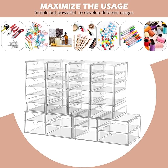Desk Organizers And Accessories With 22 Drawers, 4 Pack Office Desktop Drawers, Plastic Makeup Organizer Containers Bins With Drawers Desk Organization, Bathroom Organizers Storage Case Box Cube