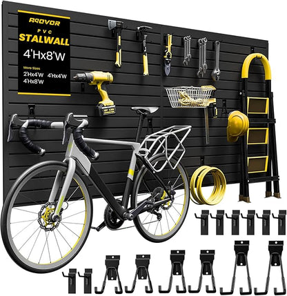 SlatWall Paneling 4x8 FT, PVC Slat Wall Panels with 16 Hooks Heavy-Duty Garage Organization System, Slatwall Pegboard Suitable for Home、Garage、Shop Wall Display & Organization (Black)