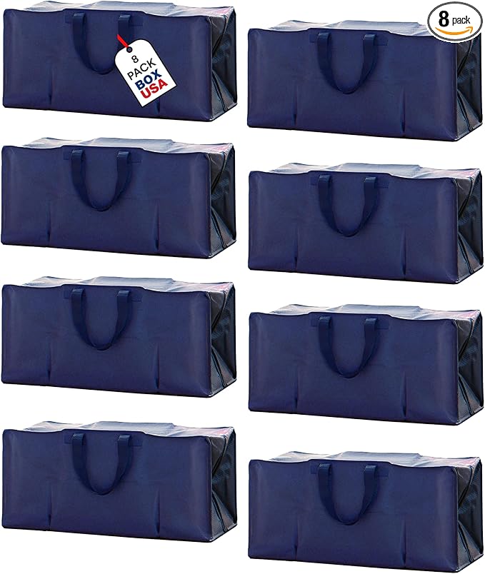 BOX USA Extra Large Moving Bags with Handles (8-Pack) - Heavy Duty 29.1” x 14.2” x 13” Waterproof Storage Bags for Clothes, College, Packing, and Travel – Blue Tote Bag with Zipper Closure