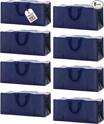 BOX USA Extra Large Moving Bags with Handles (8-Pack) - Heavy Duty 29.1” x 14.2” x 13” Waterproof Storage Bags for Clothes, College, Packing, and Travel – Blue Tote Bag with Zipper Closure
