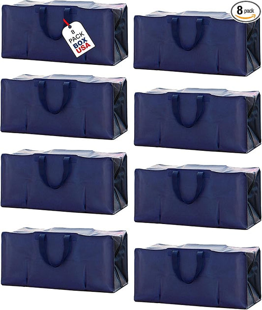 BOX USA Extra Large Moving Bags with Handles (8-Pack) - Heavy Duty 29.1” x 14.2” x 13” Waterproof Storage Bags for Clothes, College, Packing, and Travel – Blue Tote Bag with Zipper Closure