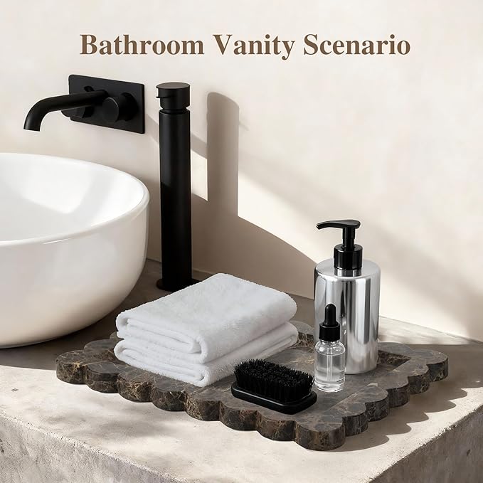 Rectangle Marble Tray with Scalloped Edge, Dark Brown Decorative Tray for Bathroom Vanity, Kitchen Counter, Dresser Top Organizer, Perfume Jewelry Holder, 11x8 Inch Natural Stone Home Décor
