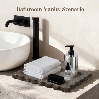 Rectangle Marble Tray with Scalloped Edge, Dark Brown Decorative Tray for Bathroom Vanity, Kitchen Counter, Dresser Top Organizer, Perfume Jewelry Holder, 11x8 Inch Natural Stone Home Décor