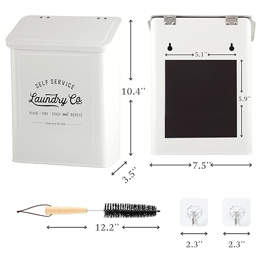 Magnetic Lint Bin for Laundry Room, Metal Trash Can with Lid for Dryer, Farmhouse Lint Holder, Laundry Co Sign, Laundry Room Storage Decor with Dryer Lint Brush(White)