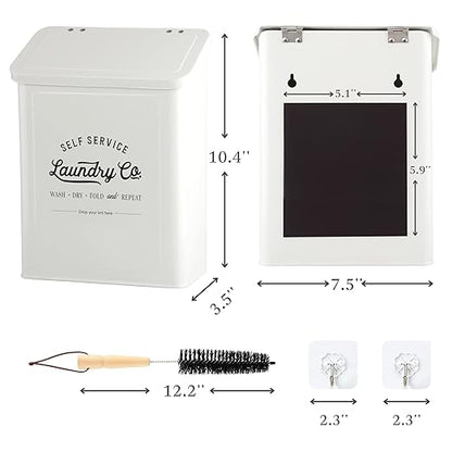 Magnetic Lint Bin for Laundry Room, Metal Trash Can with Lid for Dryer, Farmhouse Lint Holder, Laundry Co Sign, Laundry Room Storage Decor with Dryer Lint Brush(White)