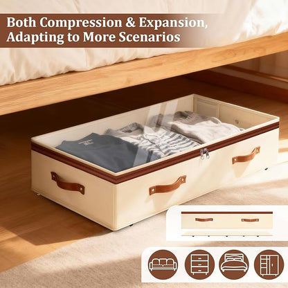 Dolicer 2 Pack Under Bed Storage with Wheels, 6in-10in Height Adjustable Underbed Storage Containers, 92L XXXL Under Bed Drawers Rolling Bin with Clear Lids for Dorm Shoes Clothes Organizers(Beige)